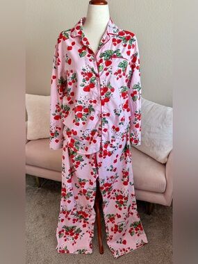 Nick & Nora VTG Pajamas Set Red Strawberries Heart Pink Cotton Roll Tab Womens L